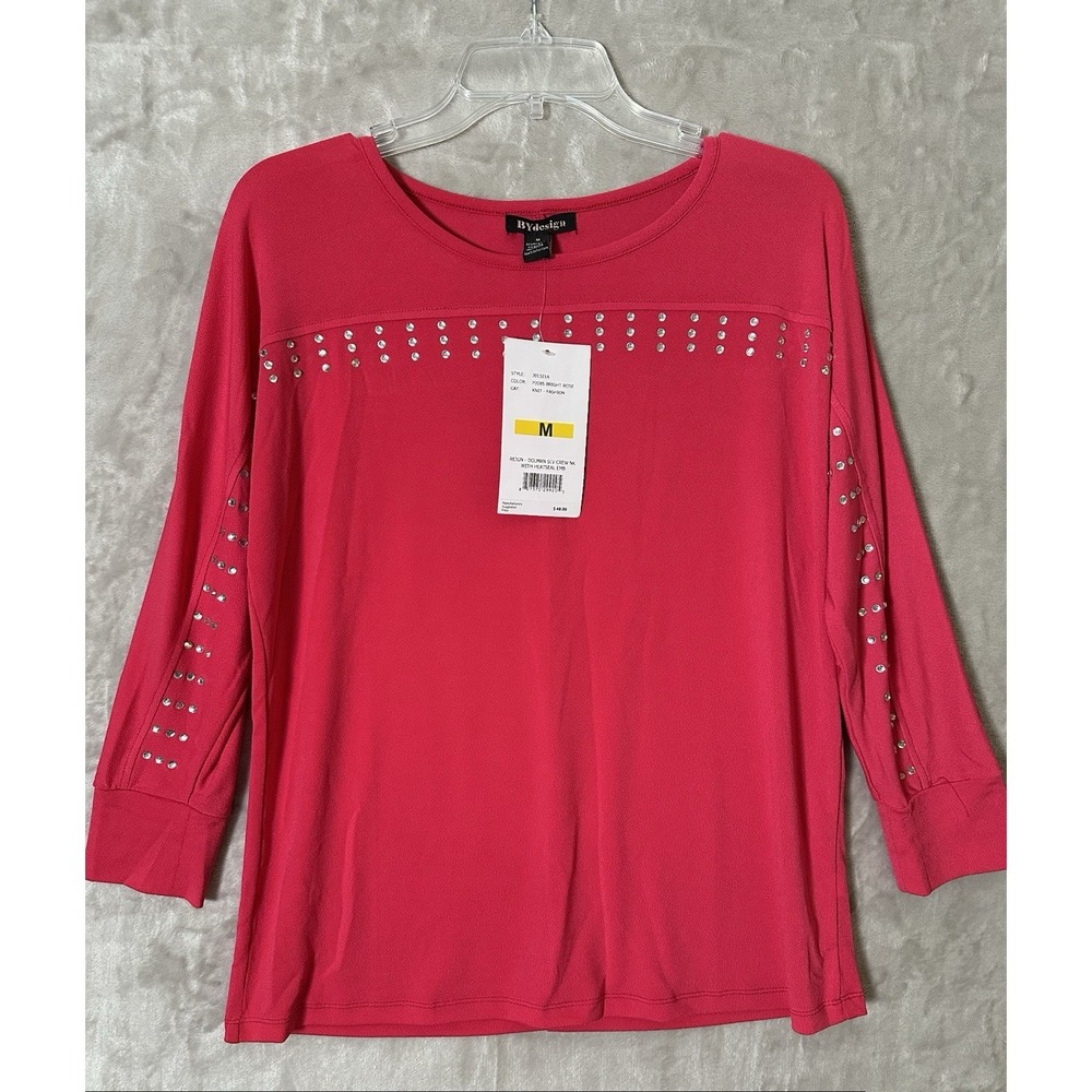 By Design Top Womens Medium Pink Studded Dolman Sleeve Crew Neck NWT